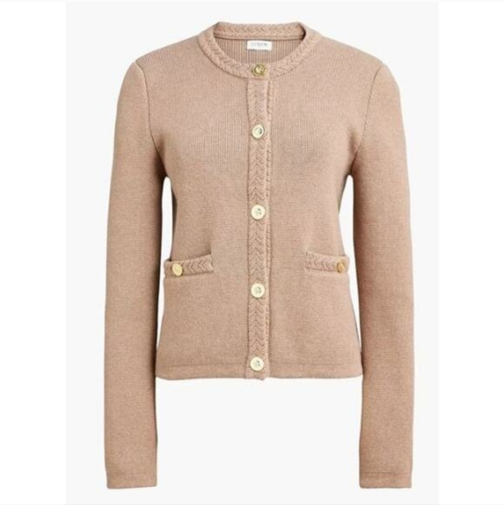 J. Crew 100% Cotton Chevron Knit Trim Lady Button-Front Jacket Cardigan Beige XS